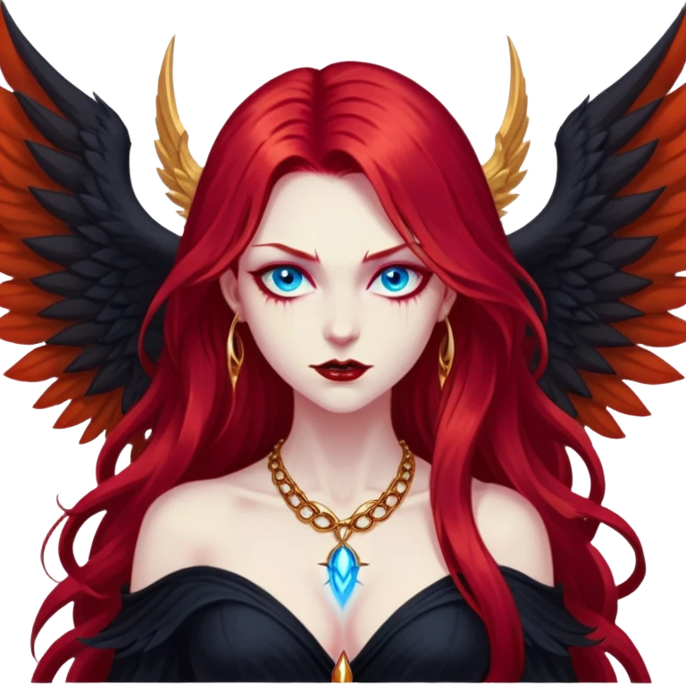 half body portrait of an extremely diabolical girl with massive towering wings, very long flowing blood red hair, glowing blue eyes, black hellfire aura, no horns, evil grin, gold necklace emoji