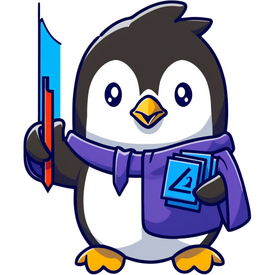 penguin wizard pointing to a stock chart with numbers going down emoji