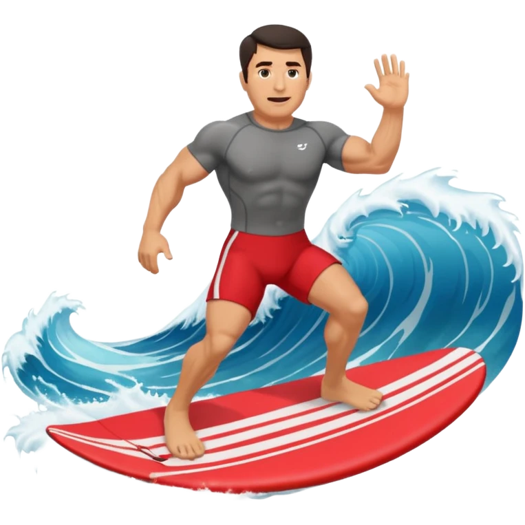 50 year old, muscular, dark haired, tan, red shorts man riding a big wave emoji