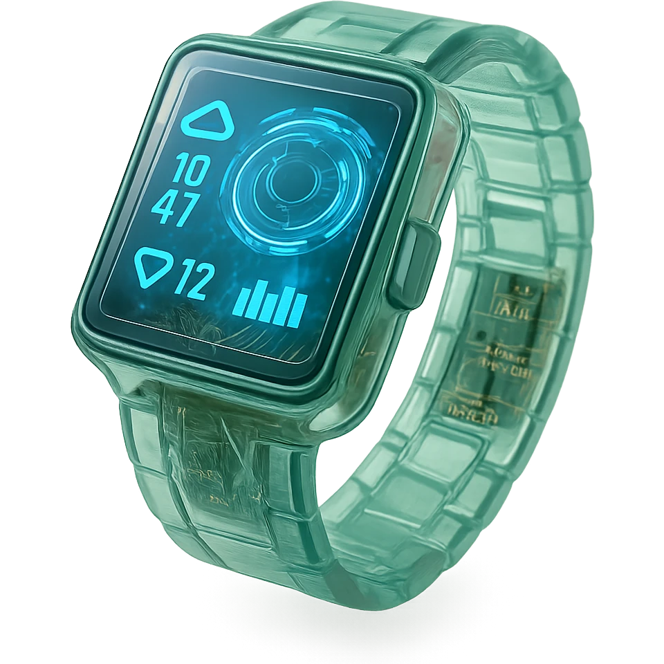 A futuristic smartwatch with holographic display and visible electronics emoji