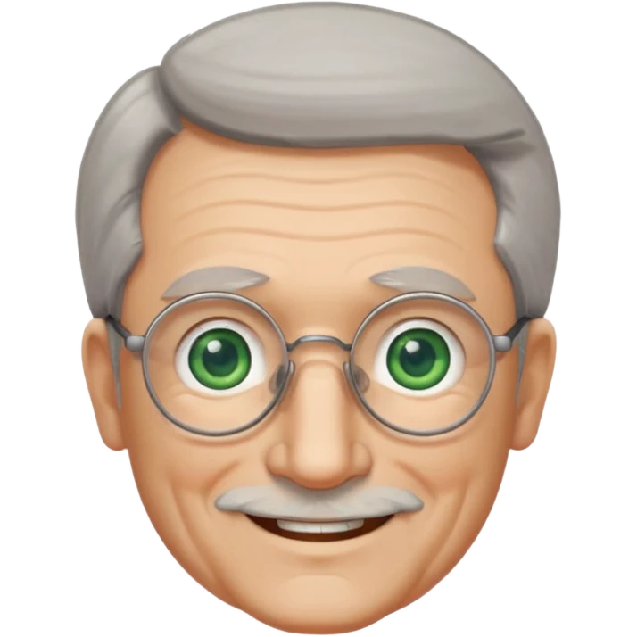 Old man with receding hair, grey hair only on the sides, green eyes, rectangular reading glasses, rounded clear face, with a smile emoji