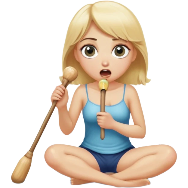 blond woman sitting on her knees with wide eyes, holding a wide skin-colored stick with a D-shaped knob, the stick has skin texture, water squirting from the knob into her mouth, shocked face emoji