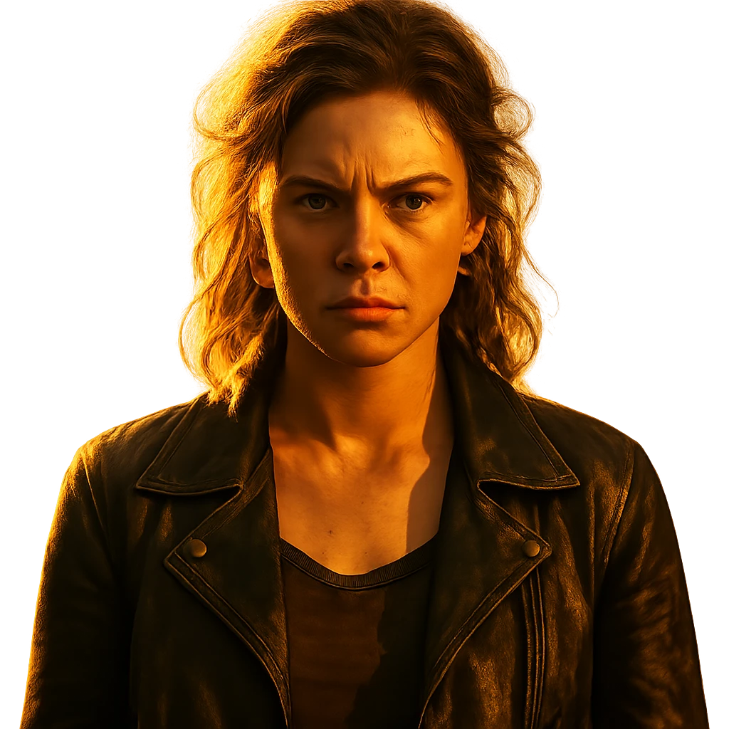 Create a centered portrait of the same woman with a rebellious and determined expression, in a golden hour lighting effect, with a transparent background. The style should resemble a Netflix series poster, cinematic and dramatic. emoji