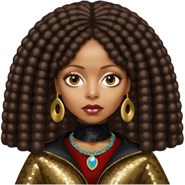 Erykah Badu with dark brown hair, dark brown sequin outfit emoji