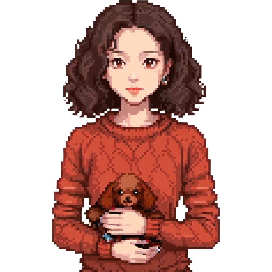 woman of Asian descent, dark brown eyes and hair, wearing a knit jumper, holding a small red poodle emoji