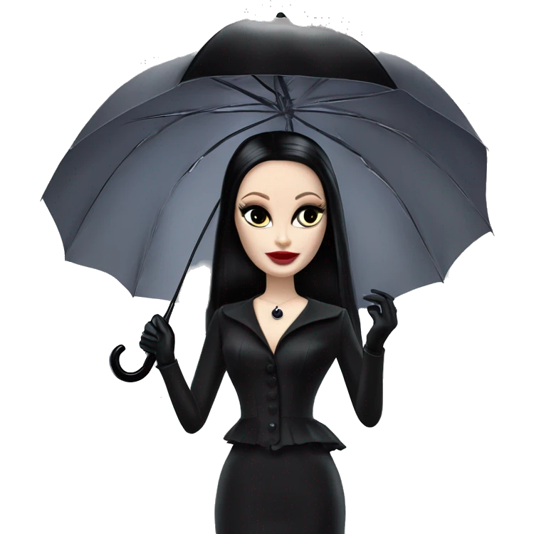 Parisienne Pretty Barbie,Morticia Addams at a rainy funeral holding umbrella. funeral mask,gloves, small purse  emoji