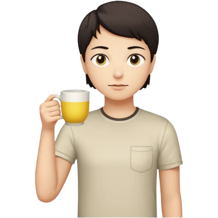 человек с короткими тёмными волосами и круглым лицом. У него спокойное, нейтральное выражение лица, тёмные глаза, аккуратные брови. Он стоит прямо на фоне светлой стены. На нём светлая футболка с небольшим рисунком. В целом образ выглядит простым и аккуратным. В руках чай с лимоном emoji
