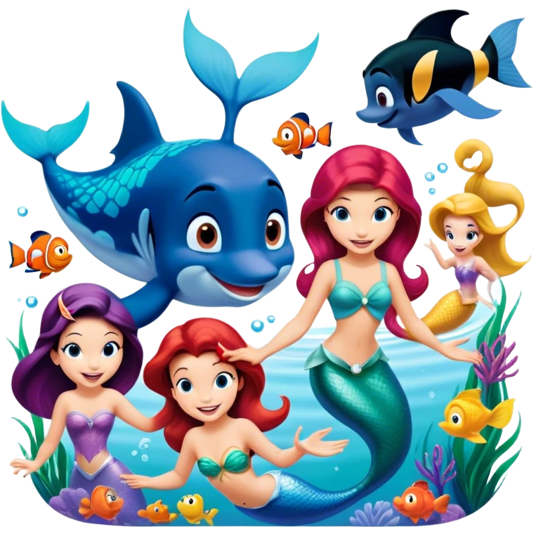 Colorful icon for Animated Movies: A vibrant collage featuring iconic characters like Goofy, Mickey Mouse, Ariel the Little Mermaid, Jasmine, Masha and the Bear, and Luntik. Each character should be large and bright, set against a cheerful and playful background. Transparent background. emoji