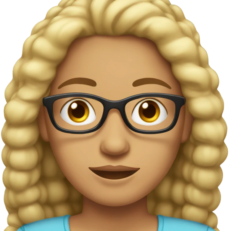 Mujer blanca con pelo ondeado y largo, lentes, cabello recogido y ojos celestes emoji