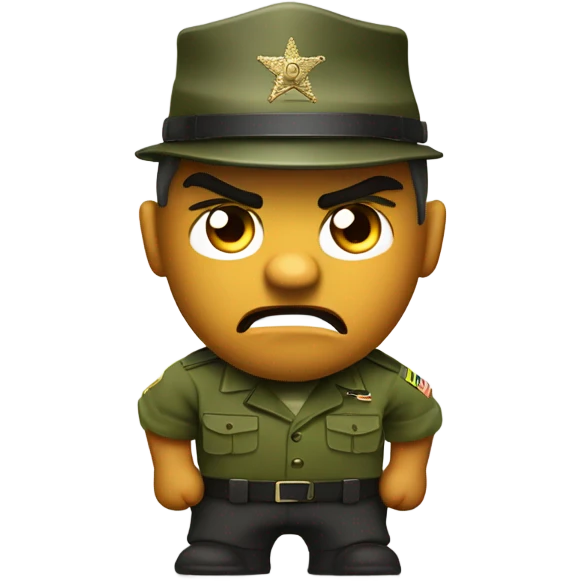 drill sergeant character wearing a classic sergeant hat and a camouflage army shirt. The character should have an angry intense expression. full torso emoji
