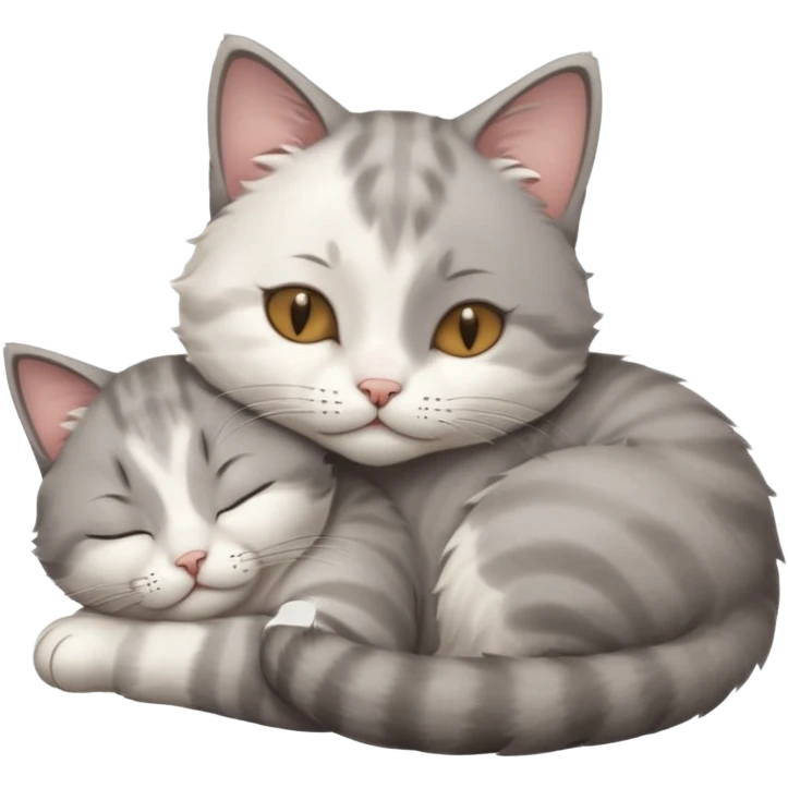 1 grey and white small cat with its eyes closed lying down leaning on his elbow with his paw curled under his head holding it up emoji