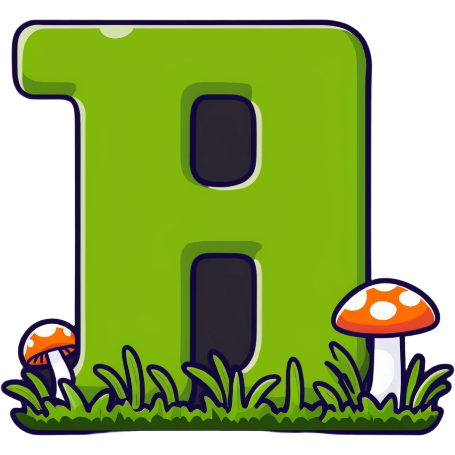 Notion logo as a block covered with moss, grass and tiny mushrooms, letter N still visible emoji