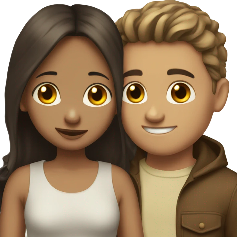 A cuple of a boy and a girl. They love each other a lot. The boy is tall and brunette anda the girl is a bit smaller and also brunette, both of them are white  emoji