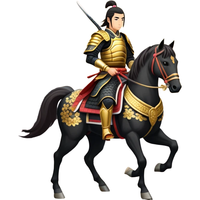 An icon representing an adventure game, inspired by feudal Japan. The design features a disciplined samurai riding a noble warhorse, its armor adorned with intricate patterns. A backdrop of cherry blossoms and a setting sun over a distant pagoda conveys a sense of honor, tradition, and battle-readiness. Transparent background. emoji