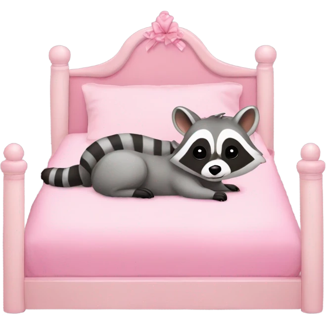 princess style bed with sleeping cute racoon wearing pink bow on head in it emoji