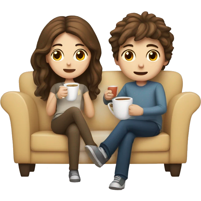 a couple  BOY and Girl with white skin and brown hair are sitting on the sofa and drinking tea, the girl has long hair emoji