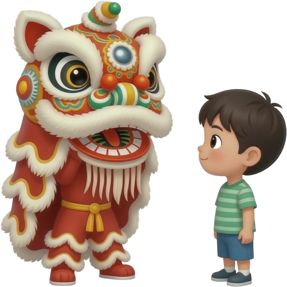 kid looking at chinese lion dancers emoji