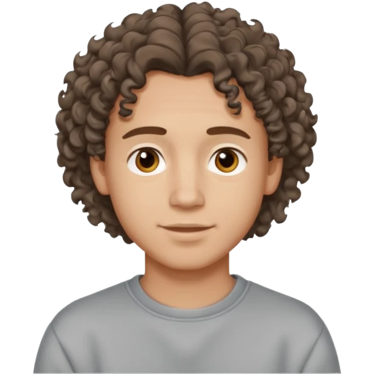 Молодой мужчина с вьющимися волосами средней длины, дружелюбное выражение лица, простой свитшот или лонгслив, стиль свободный и современный. emoji