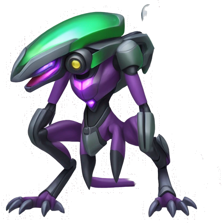 a shiny black-green-purple Genesect-Flygon-Raptor-Fakémon-Medabot-hybrid with a futuristic visor-helmet full body emoji