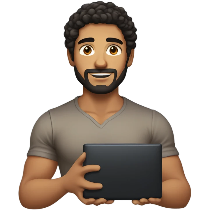 men holding his computer in hands. light brown skin men with curly black hair, dark brown eyes, little grown beard. little bit muscular. dressed casual. round face. emoji