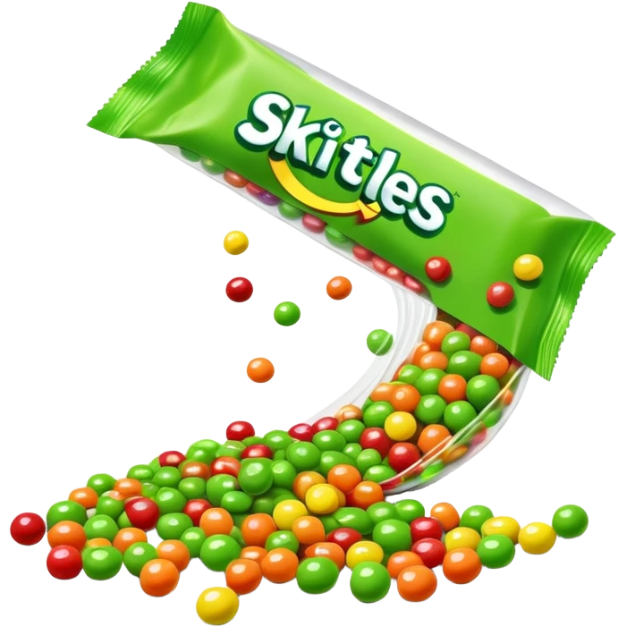Skittles candy package spilling all green round candies, same package design but only green Skittles emoji
