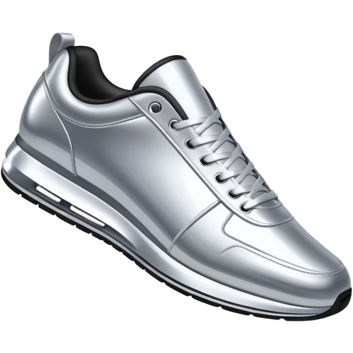 A pair of futuristic sneakers emoji made of silver chrome, sleek streetwear design, smooth metallic panels, subtle reflections, luxury swag aesthetic, iOS emoji style, centered, clean white background emoji