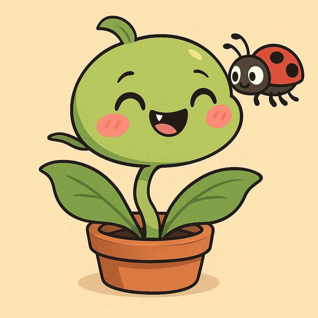 Add a tiny adorable bug friend interacting with the Venus flytrap, keeping the cartoon style with vibrant colors and clear outlines. emoji