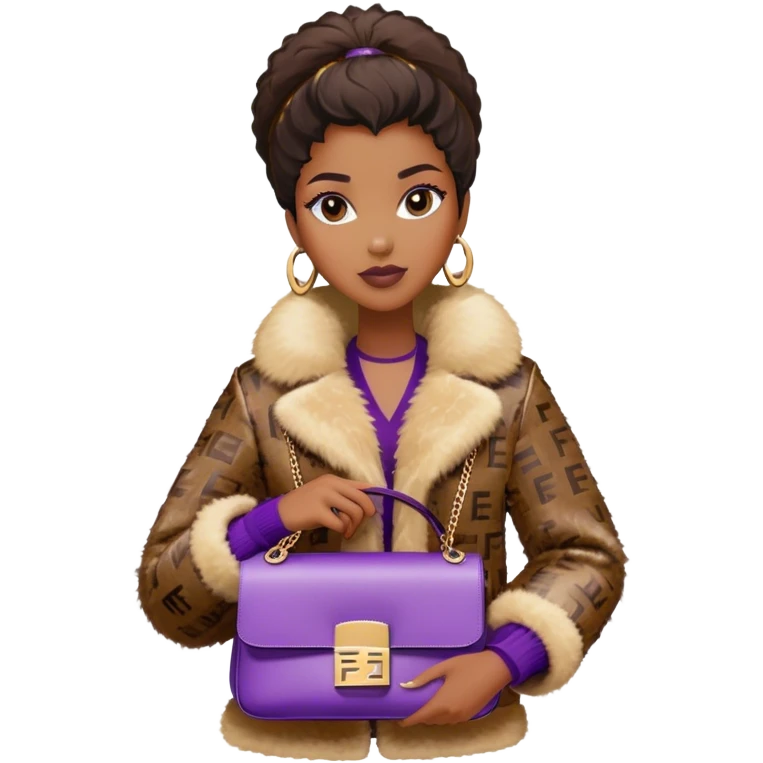 Beautiful black woman wearing a brown monogram Fendi jacket with a fur trim. She is carrying a purple sequined Fendi Baguette bag. I want the image close up. The jacket is not purple.  emoji