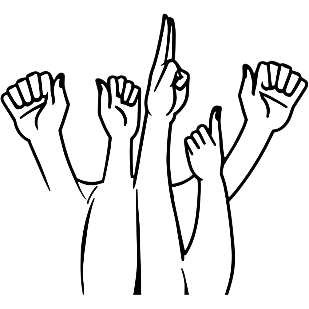 group of happy women, stylishly dressed, raising their hands emoji