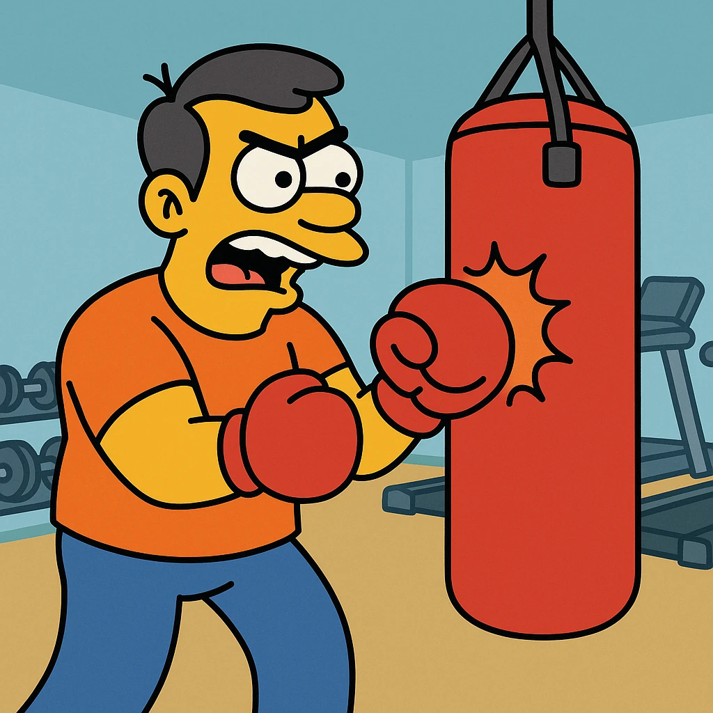 Hit a punching bag – to punch a padded bag for exercise or stress relief.
He went to the gym to hit a punching bag and blow off steam. Background Gym
 emoji