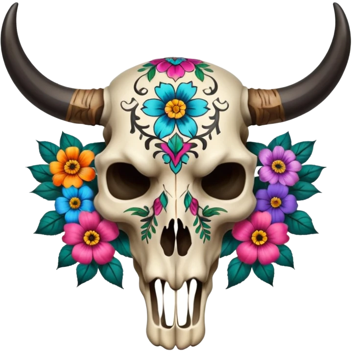 Aesthetic tattooed bull skull cranium with flowers, black painted pattern markings  emoji