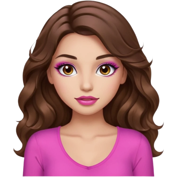 girl with long wavy brown hair, brown eyes, long lashes makeup, sexy pink lips, light to medium complexion, pink sexy top, I don't know emoji