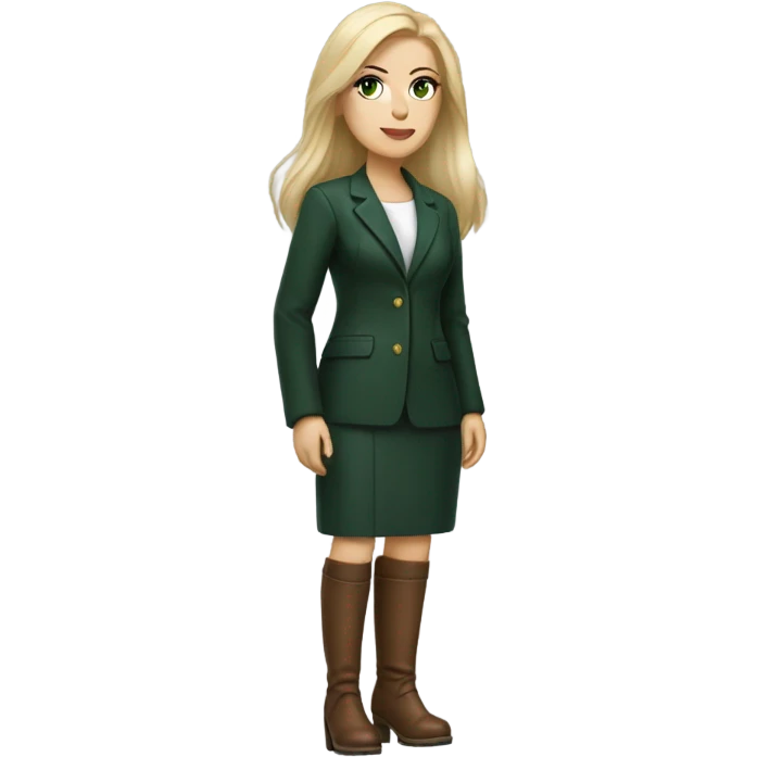 Realistic White woman with Long straight blonde hair and green eyes, dark green Wool oversize blazer, mini skirt and Brown heeled leather boots  emoji