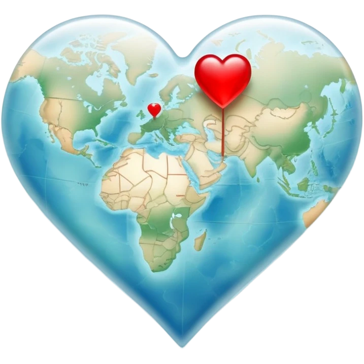 Translucent ethereal map with actual cartographic details, red heart markers for relationships and different colored pins for various emotional experiences emoji