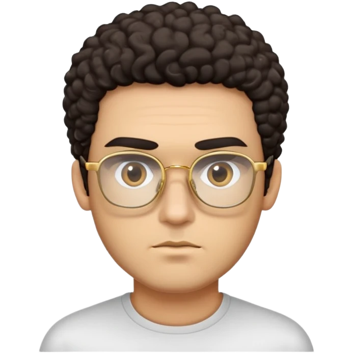 Man with angular square face, thick straight eyebrows, dark curly short hair, light stubble, neutral serious expression, wearing large square gold glasses emoji