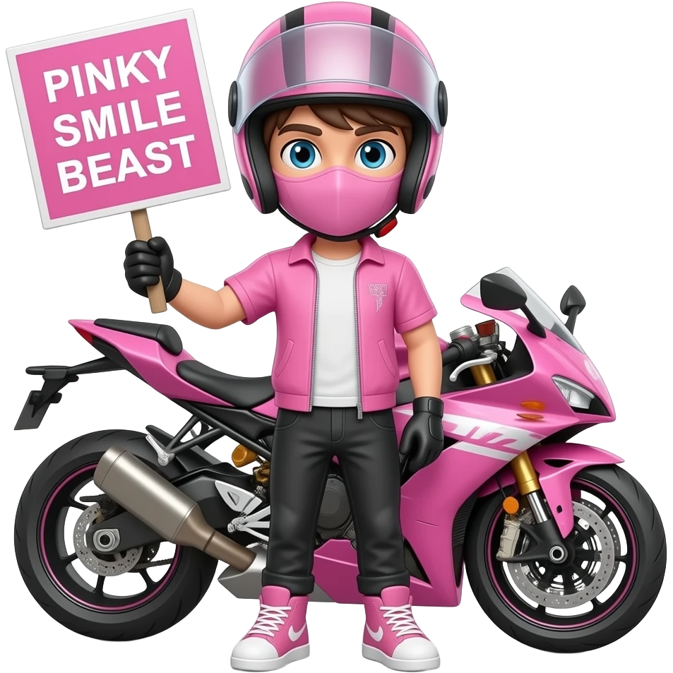 sexy boy with a motorcycle helmet in pink clothes and a pink motorcycle wearing a pink mask holding a PINKY SMILE BEAST sign emoji