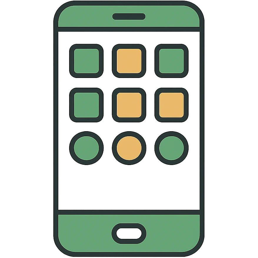 iPhone facing forward with visible app icons, minimalistic, green gold and white color scheme, clean lines emoji