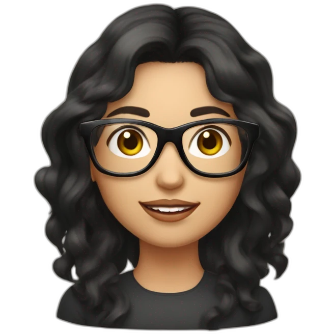 young peach skin woman with long black wavy hair and square black glasses on computer emoji