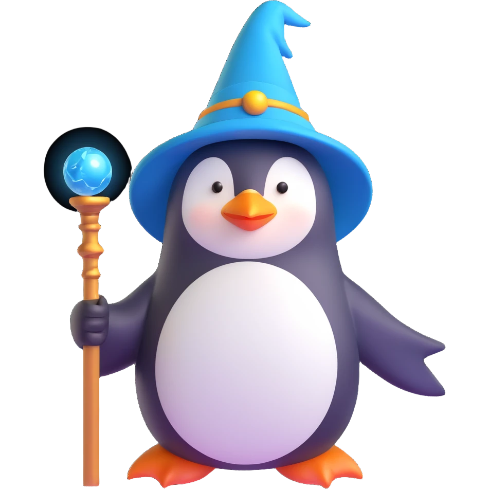 penguin wizard, magical staff, wearing a wizard hat emoji