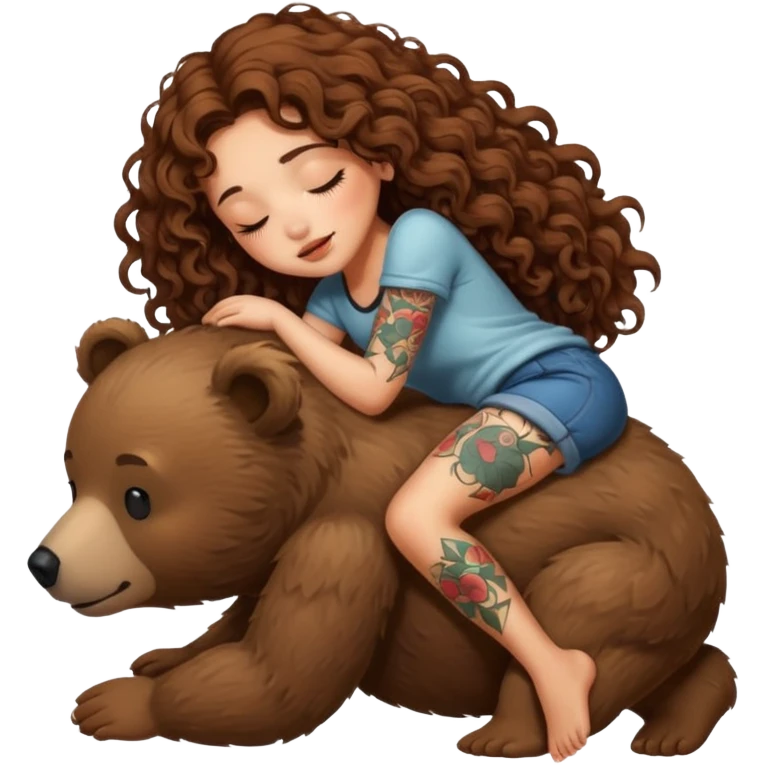 cute woman long curly brown hair tattoos riding sleepy bear emoji