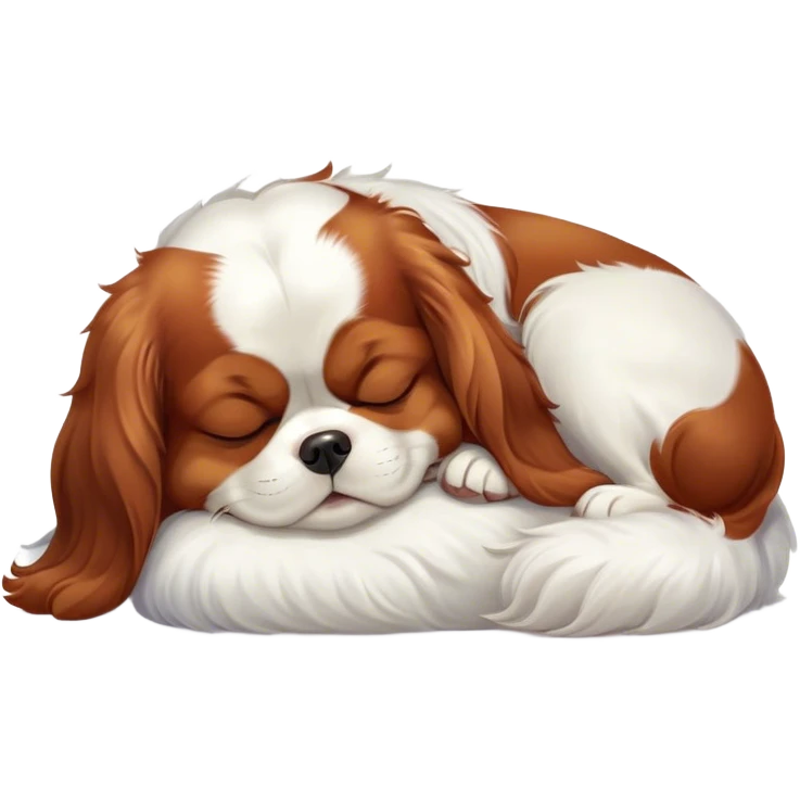Cinematic Meme-Worthy Chubby Sleeping Cavalier King Charles Spaniel Portrait Emoji, Head resting peacefully with a contented smile, showcasing a delightfully chubby build and a luxuriously soft coat of chestnut and white, eyes shut in a serene nap, Simplified yet hilariously adorable features, highly detailed, glowing with a soft, drowsy light, high shine, relaxed and utterly lovable, stylized with an air of playful laziness, bright and heartwarming, soft glowing outline, capturing the essence of a comically sleepy Cavalier King Charles Spaniel, so meme-worthy it feels like it could instantly become the next viral sensation of adorable slumber! emoji
