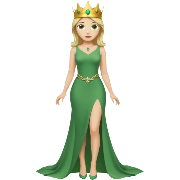 Queen, crown, blonde hair, green eyes, long green tight dress, Leg slit, whole Body, emoji