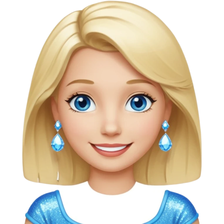 make this real, blond, below shoulder, blue eyes, 50s, sparkle in the eyes, fun, smile, no earings, relaxed style emoji
