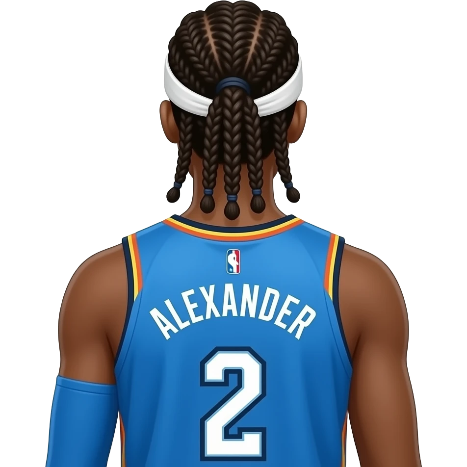 just make it sga from okc thunder from the back with his braids and a headband also with only the number 2 on the back and his name above the number make the last name say Alexander and make it bubble braids make him in a okc jersey make the bubble braids all under the headband emoji