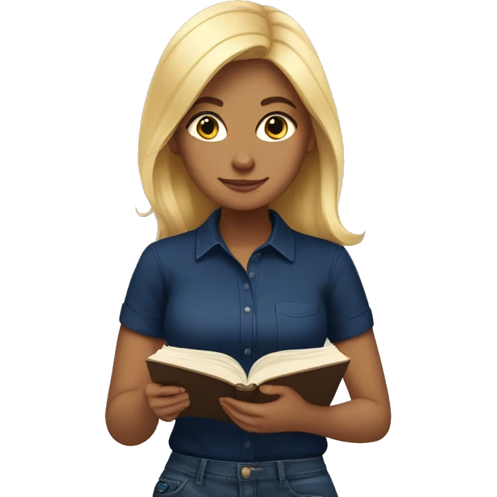 blonde beautiful girl with a navy blue shirt reading a book emoji
