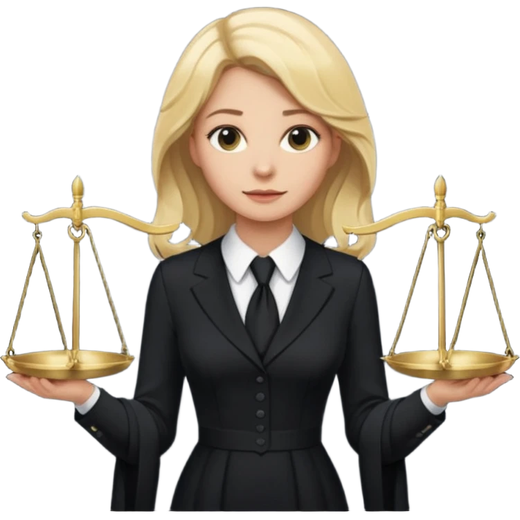 woman lawyer blanche et blonde avec des cheveux mi-long; elle est habillée avec une longue robe noire et un col cravate blanc; la balance de la justice apparaît dans l'ombre derrière elle emoji