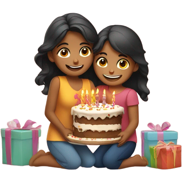 2 Indian girls hug birthday cake and gifts  emoji