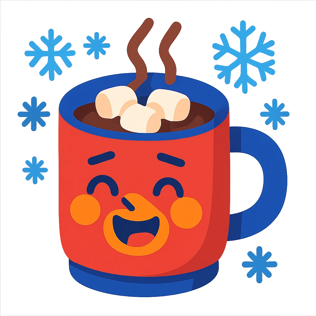 joyful mug of hot cocoa with a face, surrounded by snowflakes, looking cozy and cold emoji