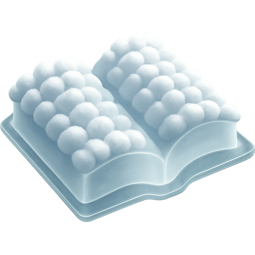thick open book viewed from above, made entirely of small very bright white fluffy convex clouds, matte glass style, no background emoji