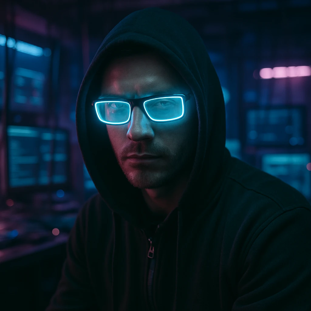 photorealistic hacker with glowing glasses in a dark tech lab, blue and purple neon, gritty atmosphere emoji